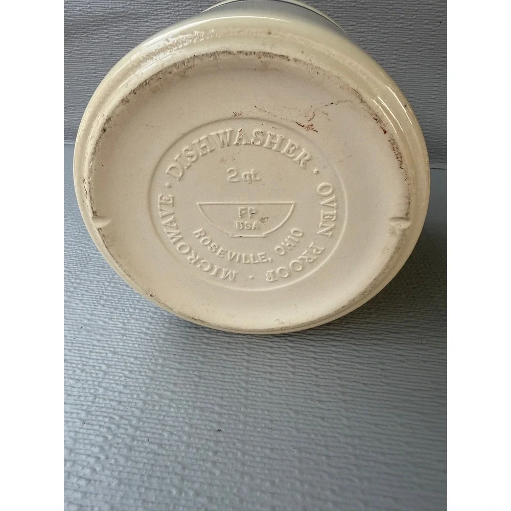 Stoneware Crock Blue Striped Cream Utensil Holder FP USA Roseville Ohio 2 Qt
